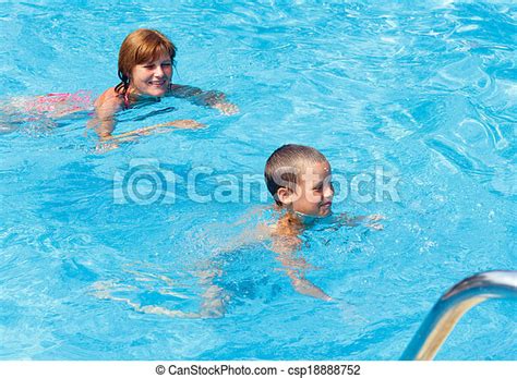 Mother Train Her Son To Swim In The Pool Mother Teaches Her Son To