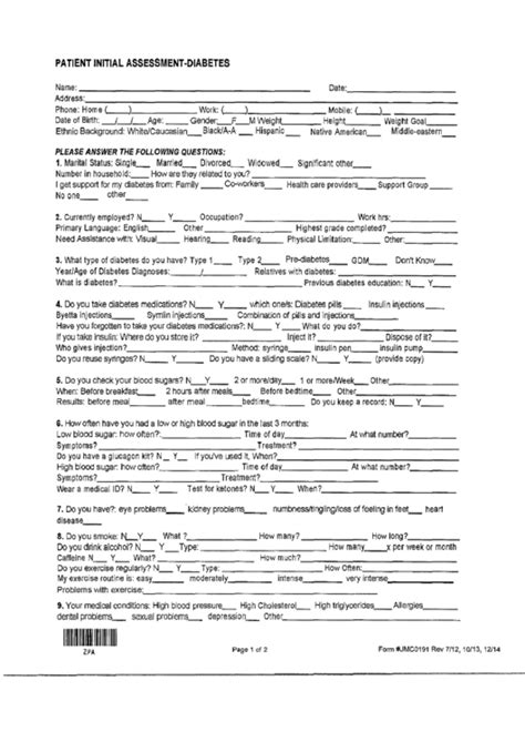 Form Jmc0191 Patient Initial Assessment Diabetes Form Printable Pdf