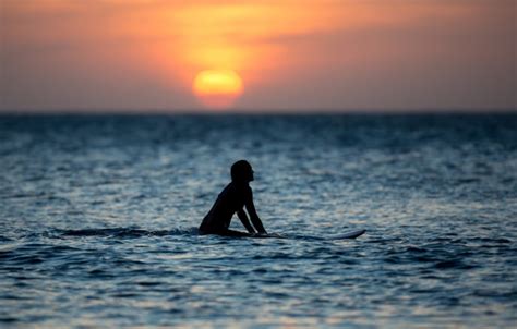 Wallpaper Sea Girl Sunset Horizon Surfing Girl Sea