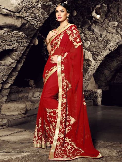 Sarees For Sale Red Embroidered Georgette Saree Party Wear Sarees