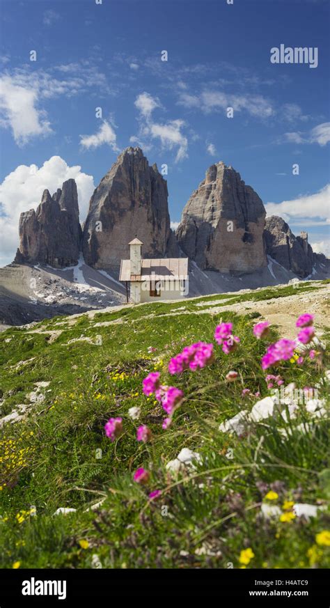 Chapel Tre Cime Di Lavaredo Three Merlons Flowers South Tyrol The