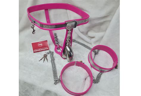 Pink Full Chastity Belt Thigh Bands Anklets And Bra Male Dotty