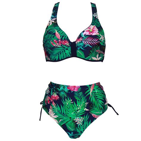Cheap Tropical Leaves High Waisted Bikini Sets Swimsuit For Women Sexy
