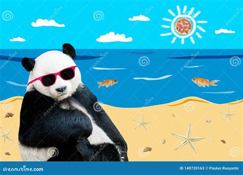 Cute Panda Wears Sunglasses In The Beach Stock Image Image Of