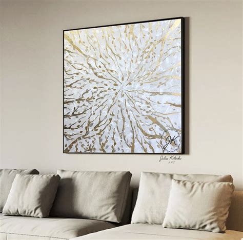 White Abstract Canvas Art Gold Leaf Painting Extra Large Etsy