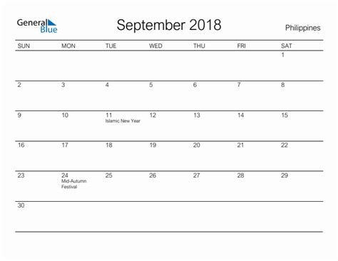 September 2018 Monthly Calendar With Philippines Holidays