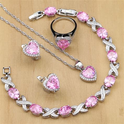 Sexy Silver Jewelry Pink Cubic Zirconia Costume Jewelry Sets For