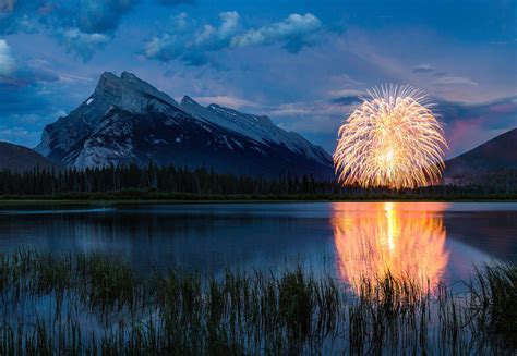 Last Evenings Fireworks Display Over Mt Rundle And Banff National Park