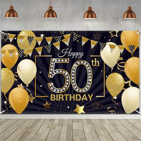 Happy 50th Birthday Backdrop Large Fabric Black Gold 50th Anniversary