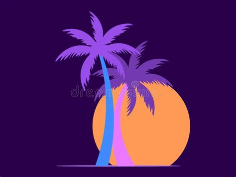 two palm trees at sunset romantic tropical sunset 80s retro style stock vector illustration