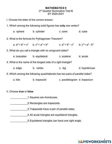 Math 9 3rd Qtr Summative Test B Worksheet Live Worksheets