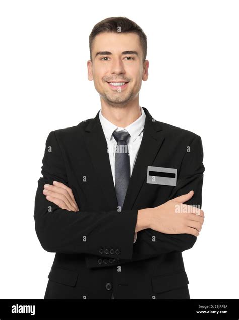 Attractive Salesman In Formal Wear On White Background Stock Photo Alamy