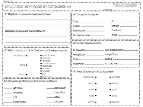 Voir plus d'idées sur le thème evaluation ce2, ce2, exercice ce1. évaluation synonymes et contraires - ce1 ce2 | Ce1 ...