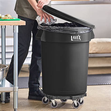 Lavex Janitorial 32 Gallon Black Round Commercial Trash Can With Lid