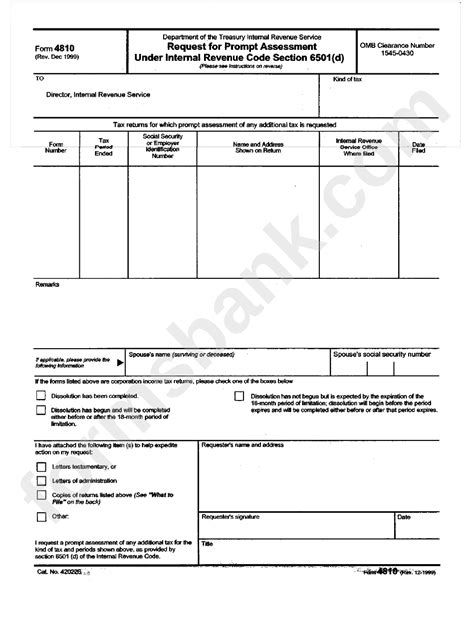 Form 4810 Request For Prompt Assessmant Under Internal Revenue Code