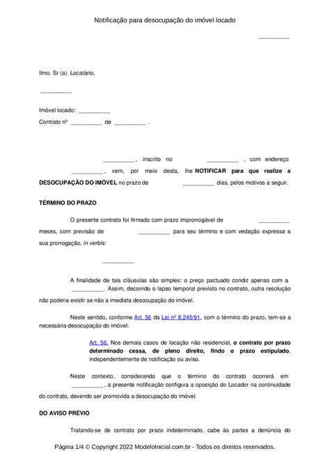 Modelo Notificação para desocupação do imóvel locado