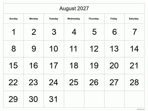 Printable August 2027 Calendar Free Printable Calendars