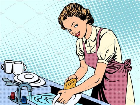 Woman Washing Dishes Housewife House Pre Designed Illustrator Graphics ~ Creative Market