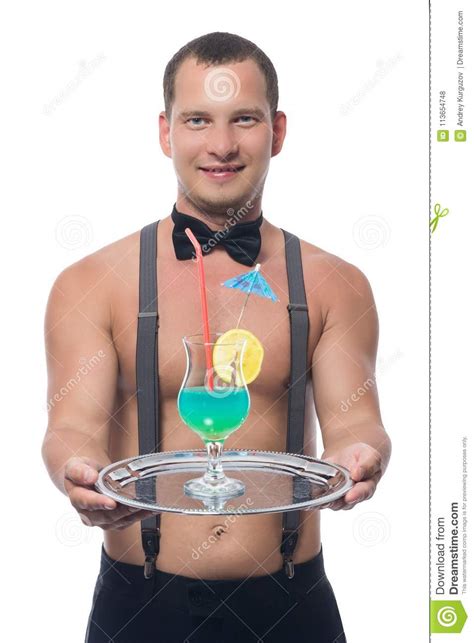 Man With A Naked Torso Holding A Tray With A Cocktail The Waiter Is