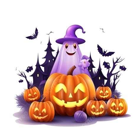 Happy Halloween Greeting With Ghost Floating In The Air And Pumpkins At