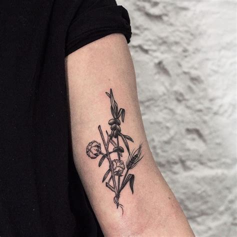 Black and grey wheat stalk tattoo on left full leg. Cotton, wheat and sea buckthornThanks, Anna! #tattoo # ...