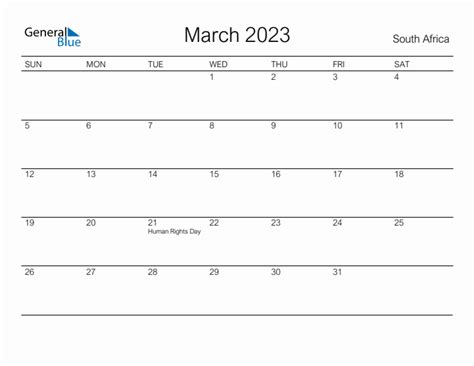 March 2023 Monthly Calendar With South Africa Holidays
