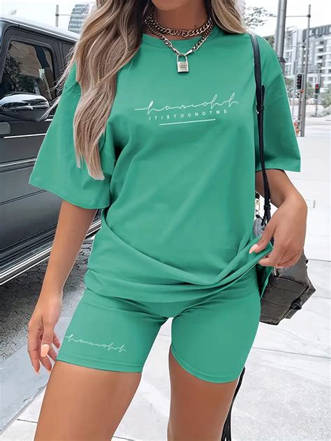 Casual Letter Print Two Piece Set Crew Neck Short Sleeve T Shirt
