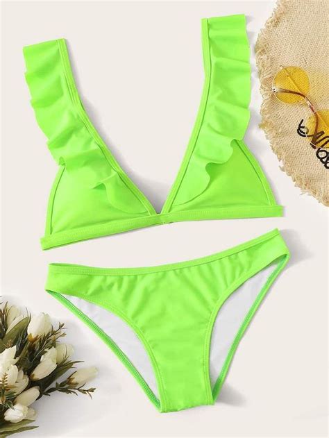 Shein Neon Lime Ruffle Trim Bikini Set Bikini Set Bikinis High Neck
