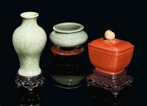 A Chinese Yixing Pottery Vessel And Cover And Two Crackle Glazed Vessels