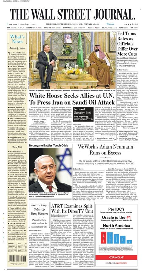 The Wall Street Journal 19 Sept 2019 Newspaper Front Pages Wall