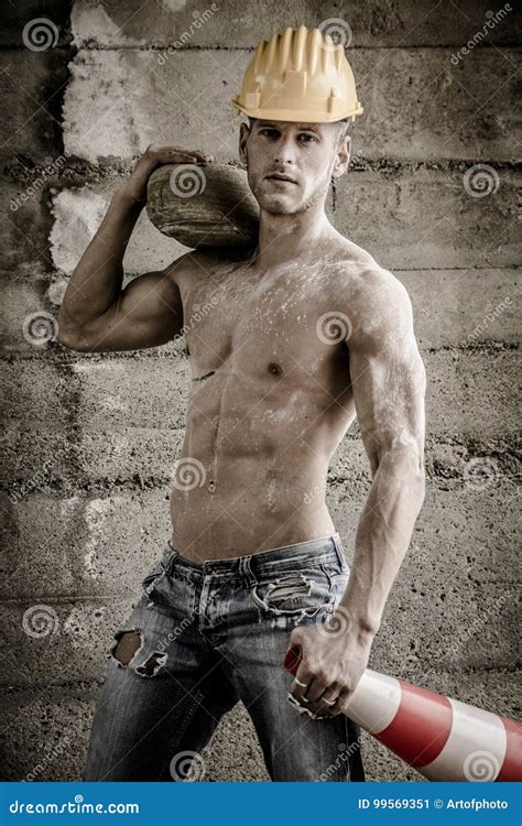 Handsome Muscular Construction Worker Standing Stock Image Image Of