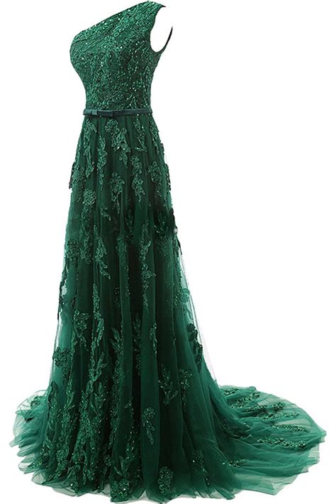 Forest Green Lace Appliqués Tulle Floor Length Prom Dress Featuring One Shoulder Bodice With Bow