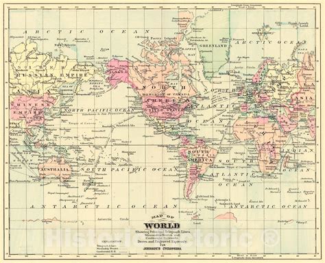 Historic Map 1888 Map Of World Showing Principal Telegraph Lines
