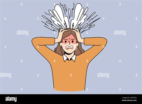 Brain Explosion And Stress Concept Shouting Angry Stressed Female Standing Touching Head Having