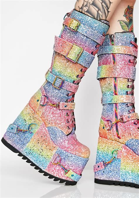 Rainbow Glitter Platform Lace Up Boots Kawaii Shoes Platform Boots