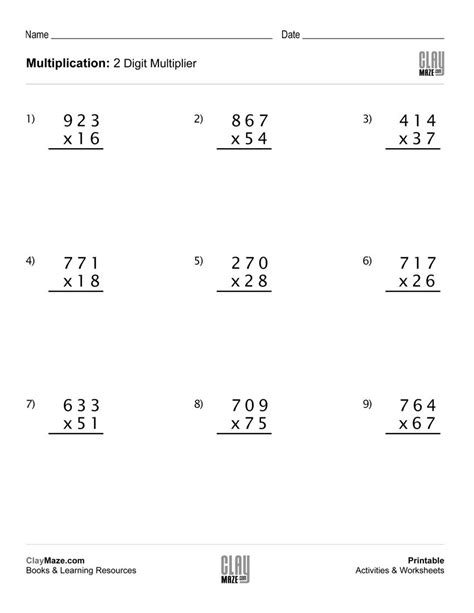 Multiplying 4 Digits By 2 Digits Worksheets