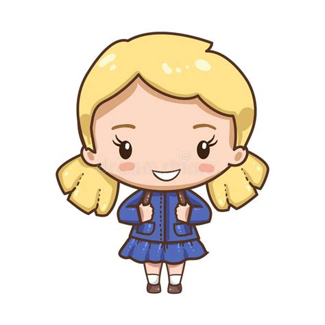 Chibi Illustration Little Cute Anime Girl In Purple Blue Dress Stock