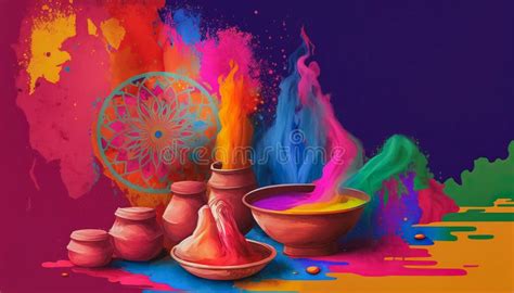 Colorful Traditional Holi Powder In Bowl With Splash Happy Holi