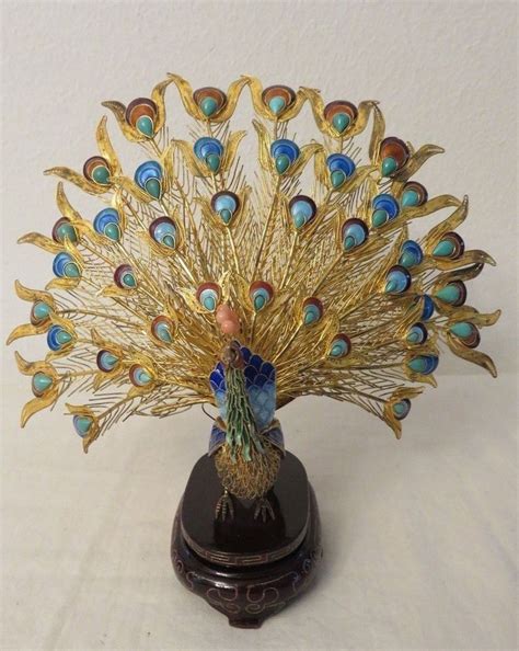 Vtg Chinese Export Gold Gilt Cloisonne Enamel Fan Tail Peacock Figurine