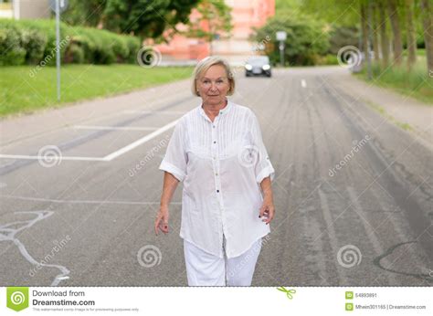 Adult Woman In All White Walking At The Street Stock Image Image Of