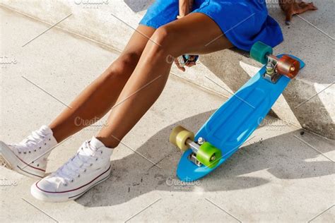Beautiful Black Girl With Skateboard Featuring Activity Adult And African High Quality