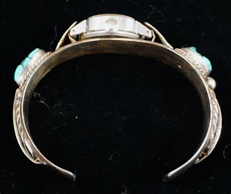 Item P Vintage Navajo Turquoise Silver Leaves Watch Cuff W Watch