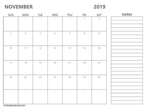 November 2019 Printable Calendar With Holidays