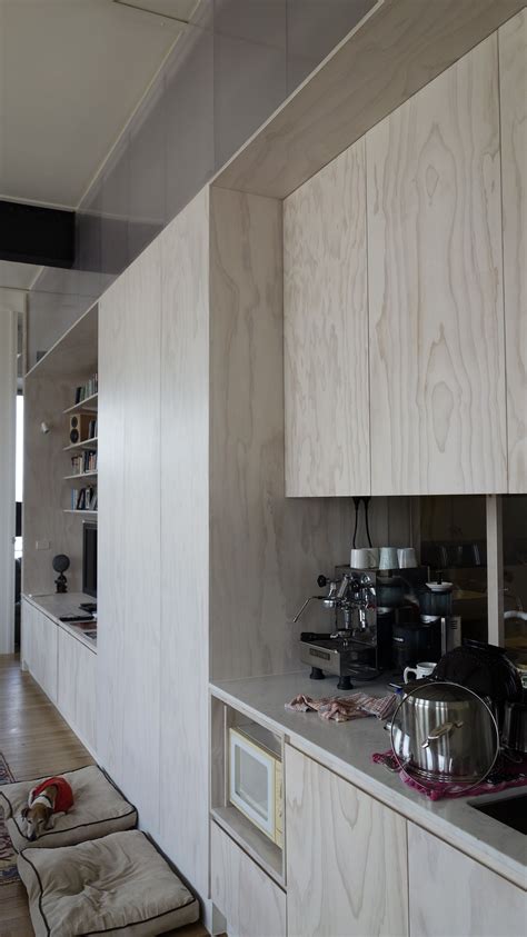 The plywood would be covered up by the cabinets on the wall side and most of the ceiling side, and finally by the crown moulding on the top of the cabinets. White washed plywood walls | Plywood interior, Plywood kitchen, Plywood design