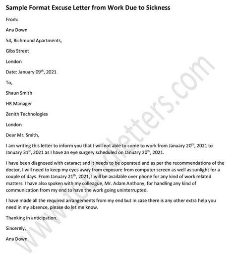 Excuse Letter From Work Due To Sickness Lettering Sick Business Letter Format