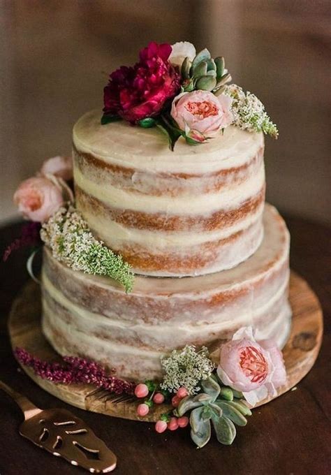 Two Tier Half Iced Wedding Cake With Flowers Simple Wedding Cake