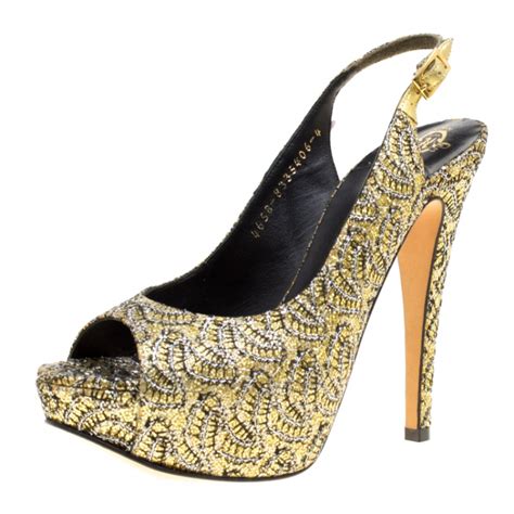 Gina Metallic Gold Glitter Peep Toe Platform Slingback Sandals Size 37 Gina The Luxury Closet