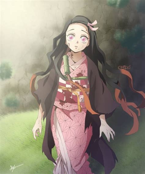 A Woman With Long Black Hair And Pink Eyes Is Walking Through The Grass