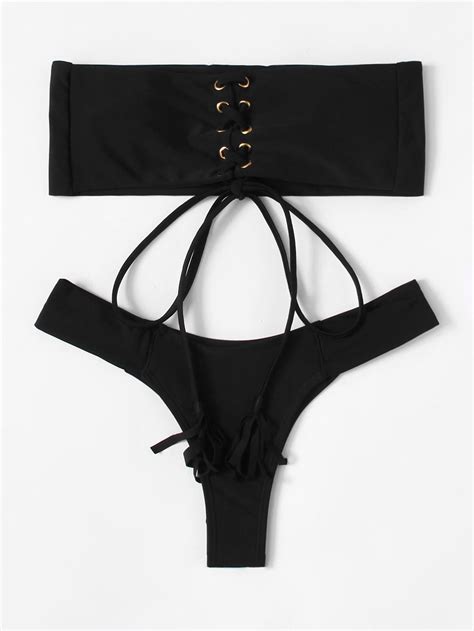 Shop Lace Up Bandeau Bikini Set Online Shein Offers Lace Up Bandeau Bikini Set And More To Fit