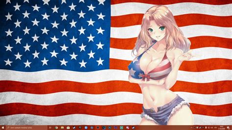 Wallpaper Anime Girl With Huge Boobs In Front Of America Flag America